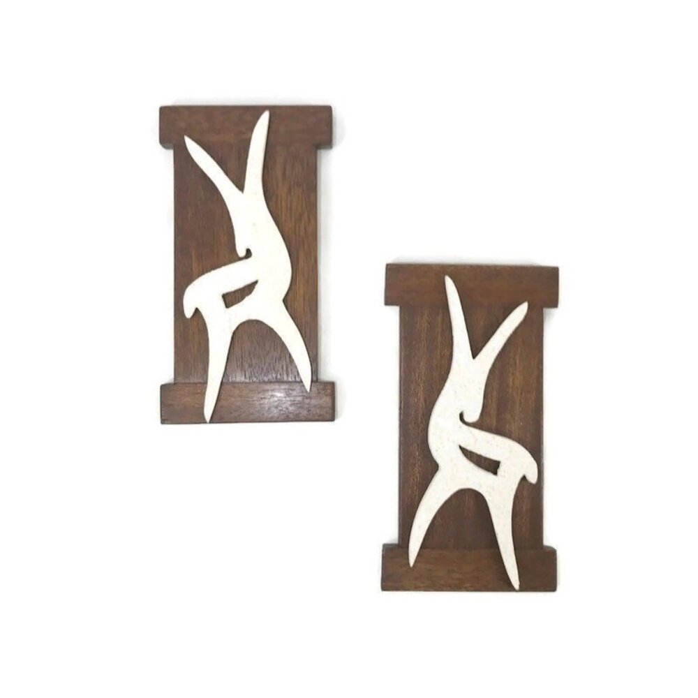 Vintage MCM Deer Wall Plaques, 1950s Glitter Plaster on Wood, Set of 2